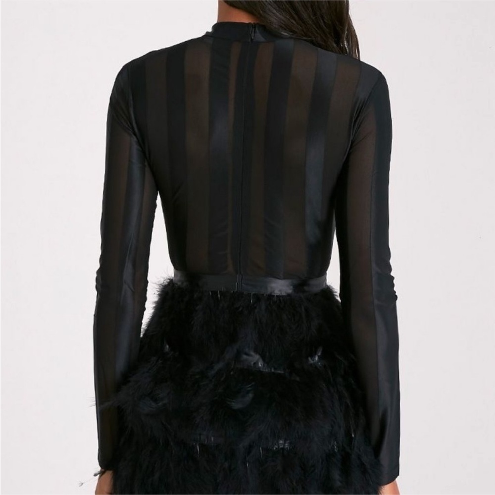 PrettyLittleThing Black Semi Sheer Feathered Long Sleeve Dress Size 0 - Picture 3 of 14